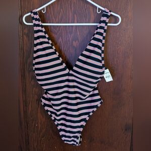 New With Tags Express Red, Black, Blue Stripe Deep V And Back Swimsuit Size Sm